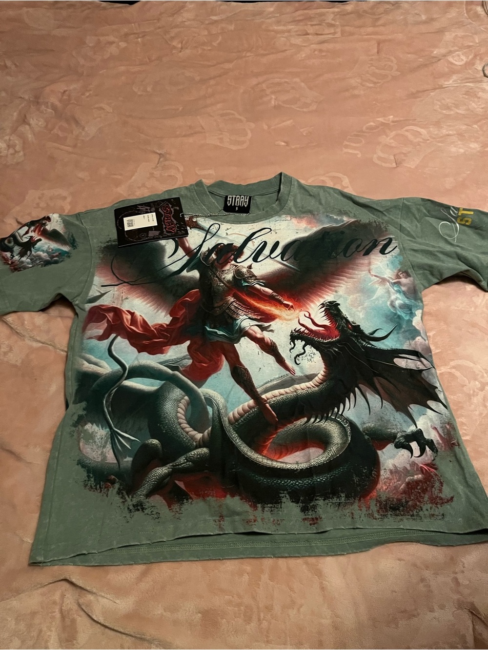 Men’s Short Sleeve Graphic Tee — Sage Green Dragon Battle Print